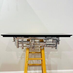 Rare Syroco Brutalist Mid Century MCM Metal /Chrome / Silver And Wood Wall Shelf